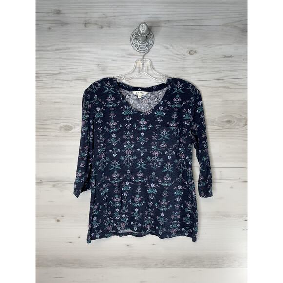 Orvis Shirt Womens Small Navy Blue Floral 3/4 Sleeve Scoop Neck Pocket 2SKL - Picture 1 of 10